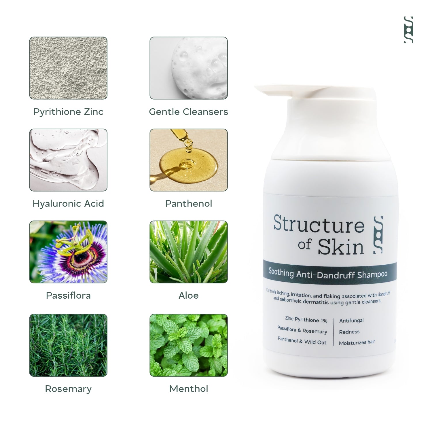 Structure of Skin anti-dandruff Shampoo bottle with ingredients listed on a white background