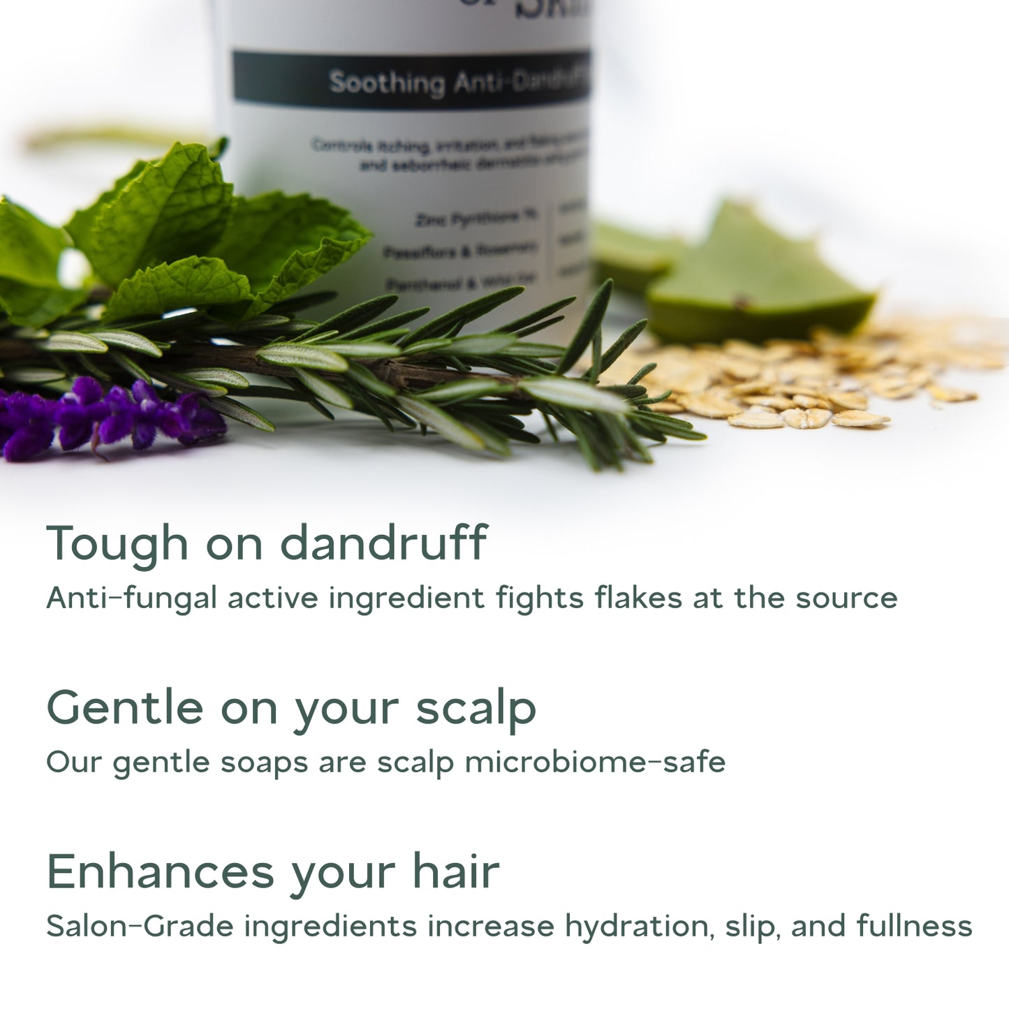 Shampoo for dandruff treatment claims and natural ingredients on a white background