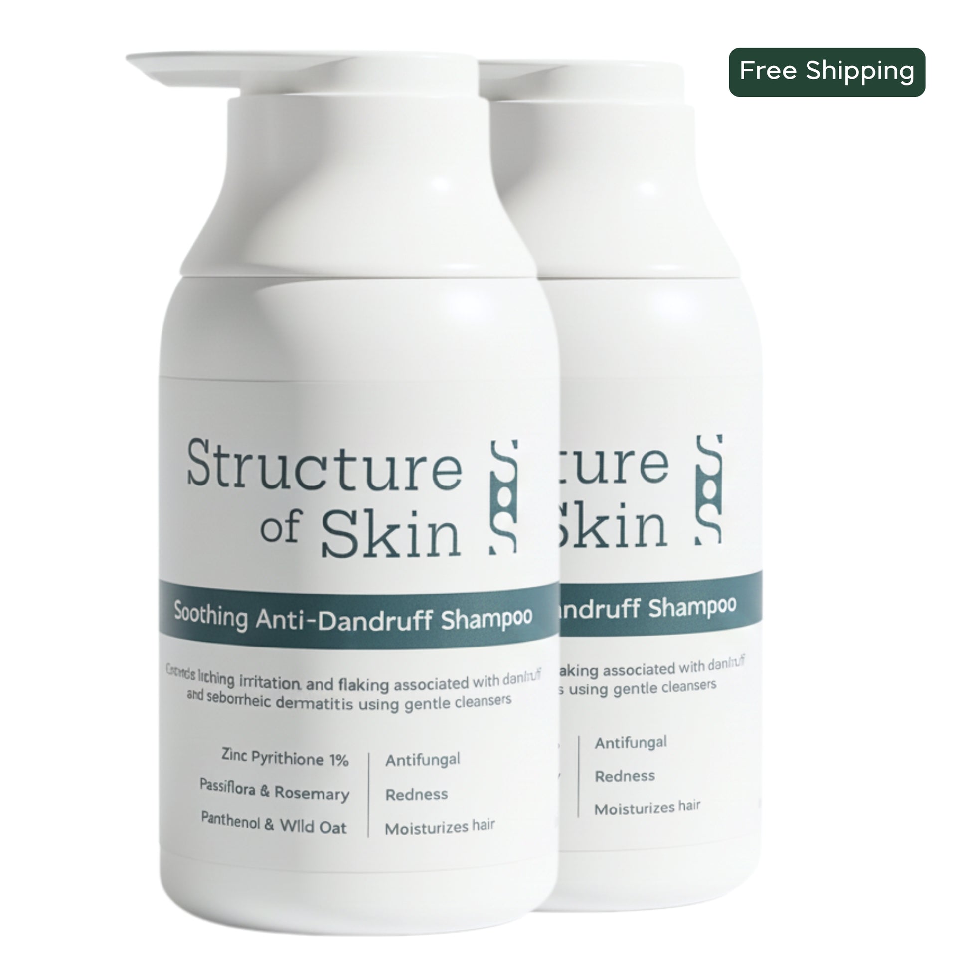 Two bottles of Structure of Skin Soothing Anti-Dandruff Shampoo on a white background