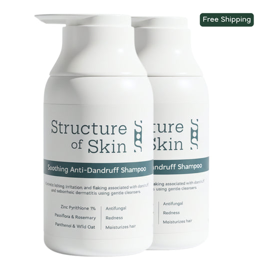 Two bottles of Structure of Skin Soothing Anti-Dandruff Shampoo on a white background